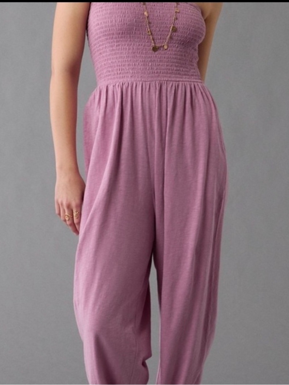 American Eagle Outfitters Lavender Smocked Strapless Jumpsuit